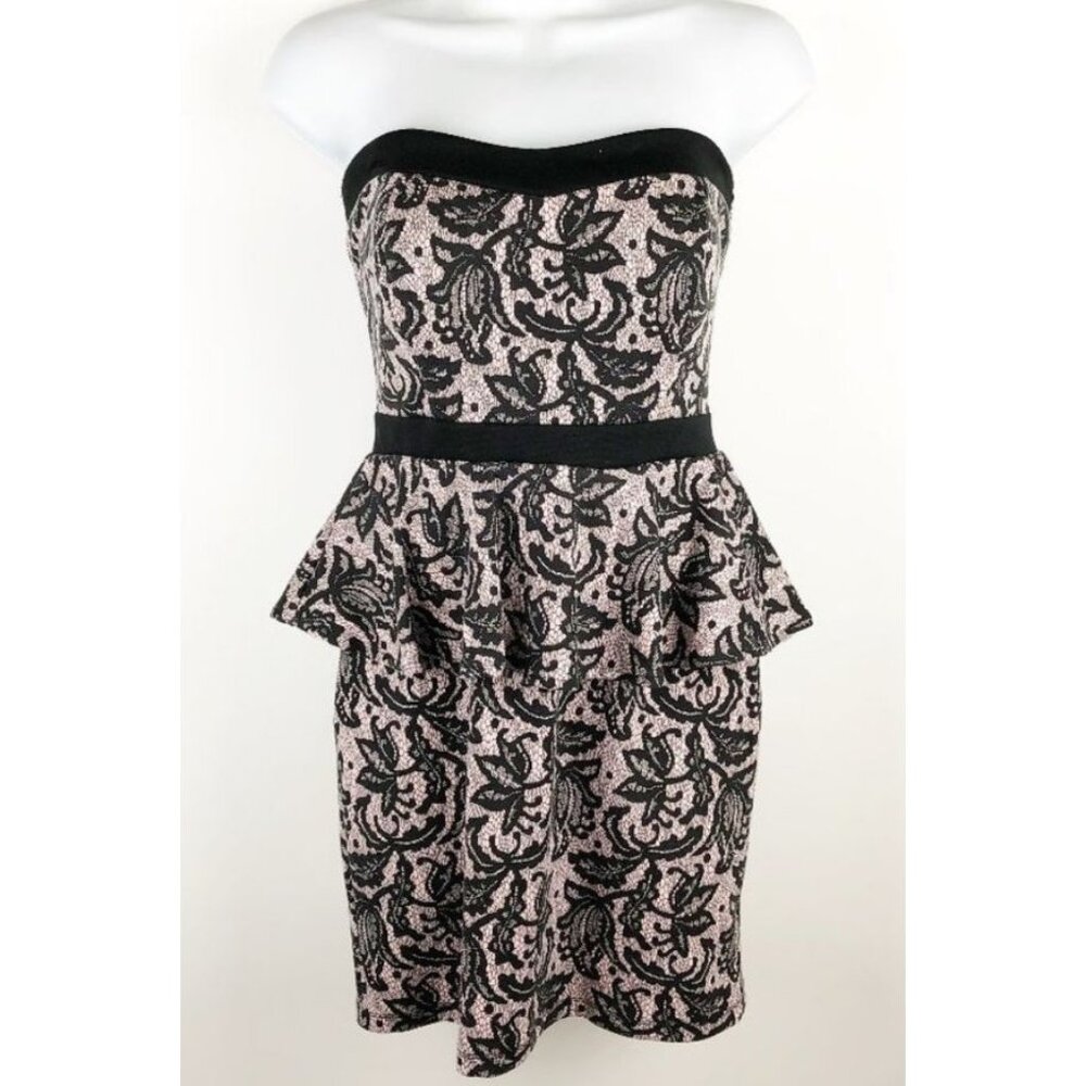 Heartsoul Womens Strapless Peplum Dress L Black Pink Lace Bodycon Cocktail Party